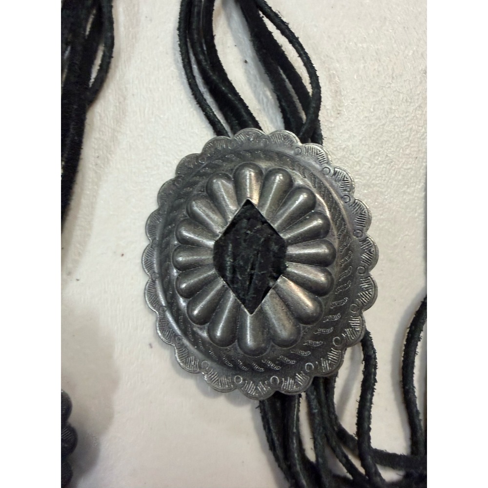 Vintage Southwestern Silver Concho Black Leather Multi Strand Tie Belt Western - Picture 3 of 5